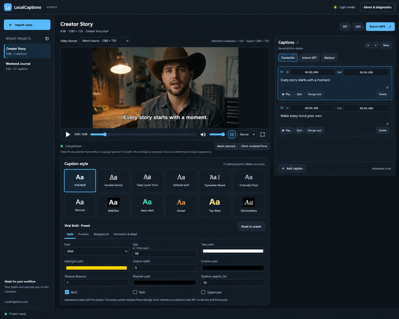 LocalCaptions in light mode with a video preview, editable captions, playback controls and caption styling tools.